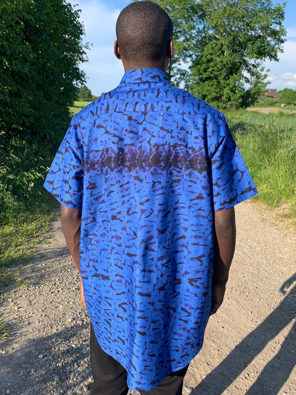 Chemise Bazin Bleu Roi Batik Tye And Dye Ankara Oversize avec Motif