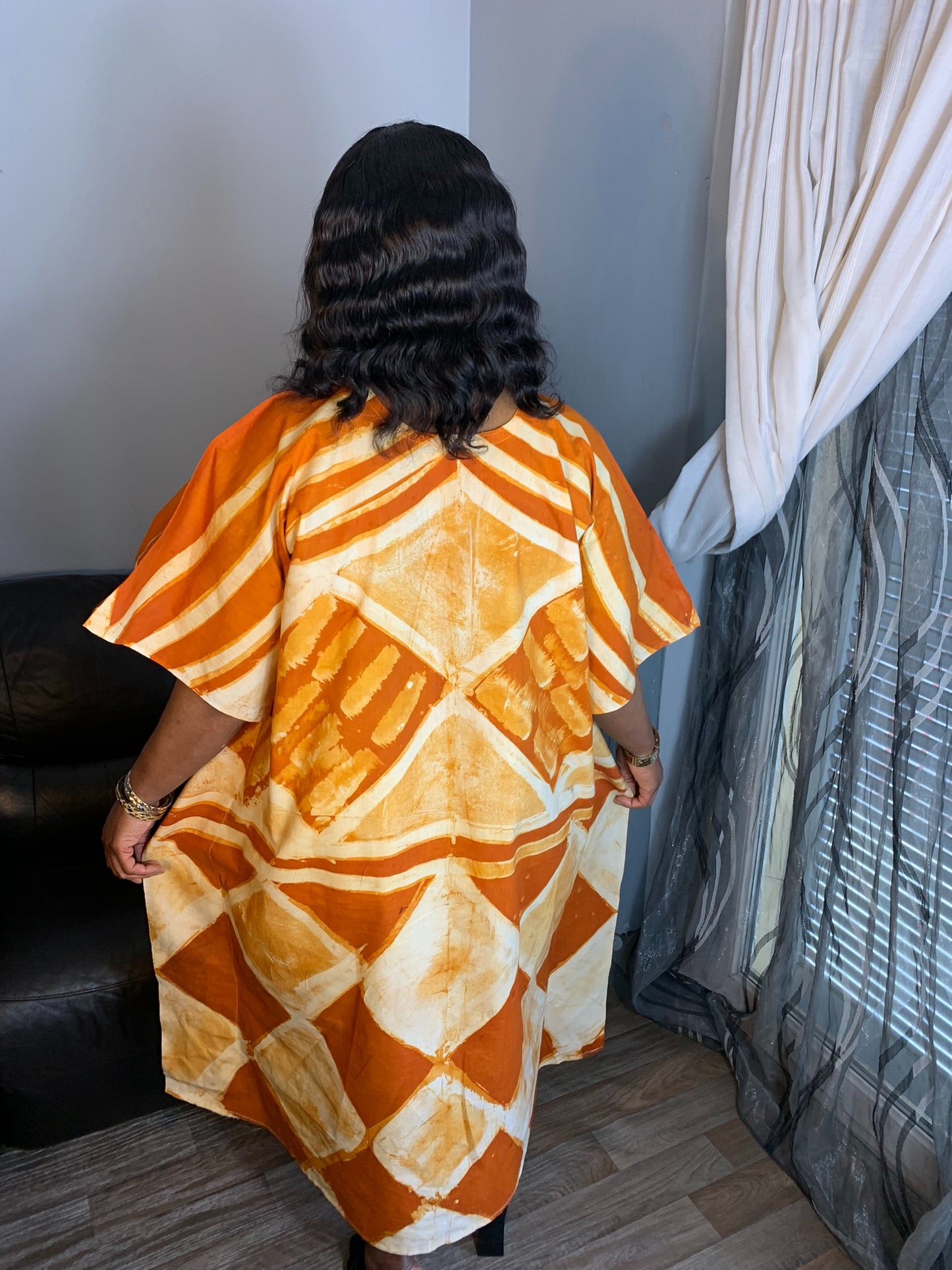 Robe Longue Batik Adire, orange  Design Artisanale 100% Coton