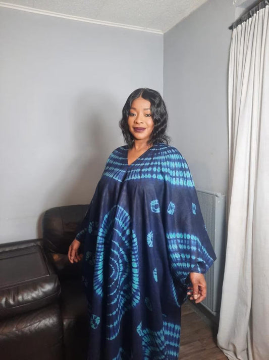 Langes Batik-Leinenkleid Tye And Dye Adire