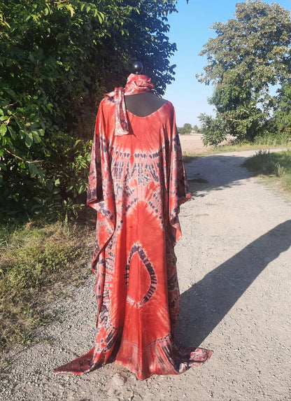 Boubou en Soie Adiré Caftan Bordeaux Noir - Robe Longue Soie Tie and Dye Adire Silk Batik