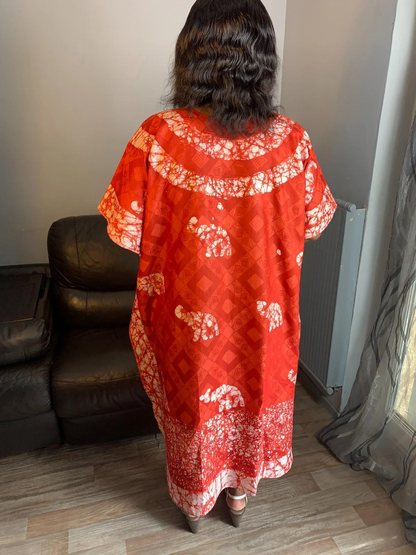 Red Bohemian Style Batik Bazin Dress. Unique and Exclusive Dress. Patterned dress, design: elephants, art.