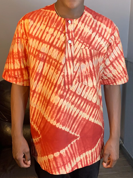 Batik Kampala Adire Wax Red Cotton Shirt for Men - Hand Dyed