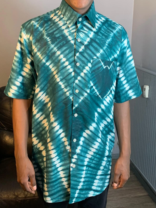 Kampala Adire Wax Green Batik Shirt in Cotton for Men - Hand Dyed