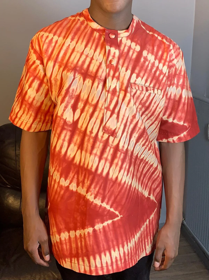 Batik Kampala Adire Wax Red Cotton Shirt for Men - Hand Dyed