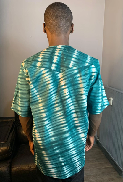 Chemise Batik Kampala Adire Wax Vert en Coton Homme - Teint à la Main