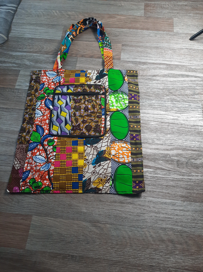 Grand Tote Bag en Wax Patchwork Pliable avec Fermeture Éclaire