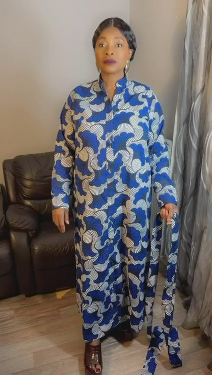 Robe Chemise Longue  Wax Africain Motifs Fleurs de Mariage. Wax 100% Coton